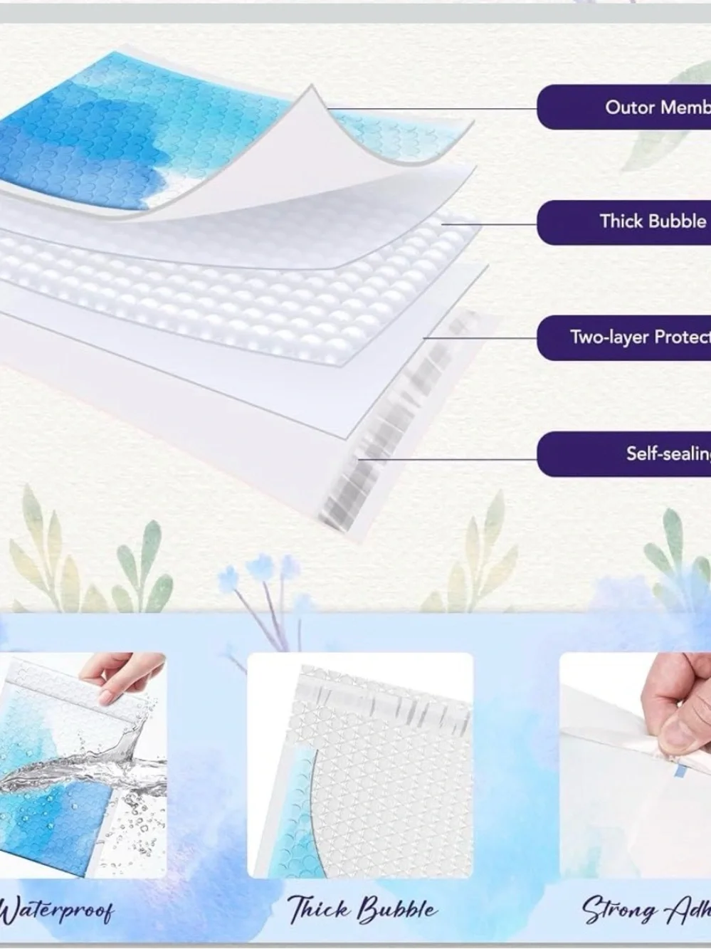 10 Blue Water Color Bubble Mailer Bags 6”x10”